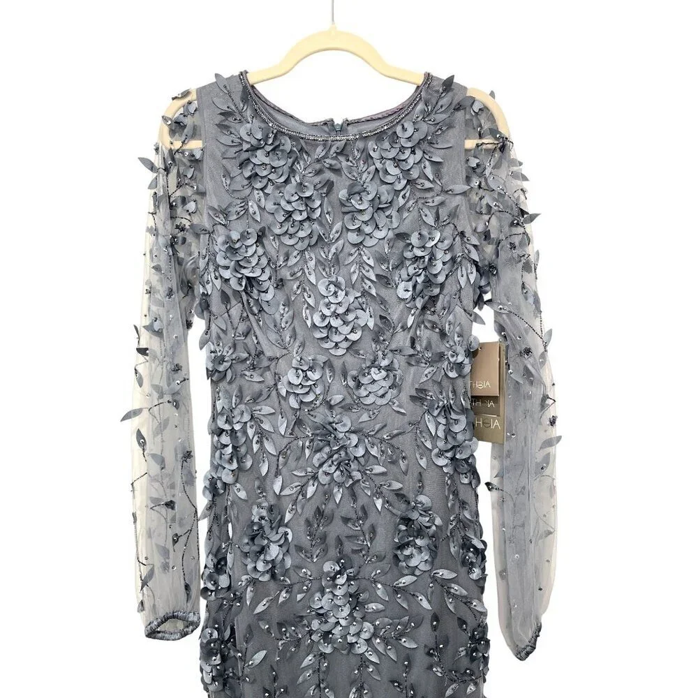 Theia $1295 Floral Mesh Long-Sleeve Gown Blue Formal Evening Dress Size 4 NWT - Picture 7 of 10